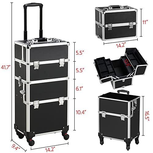 Yaheetech Yaheetech Rolling Makeup Train Case 3 in 1 Cosmetic Makeup Case Large Aluminum Trolley Makeup Travel Case Professional Rolling Cosmetic Beauty Storage, with 360 Swivel Wheels, Black