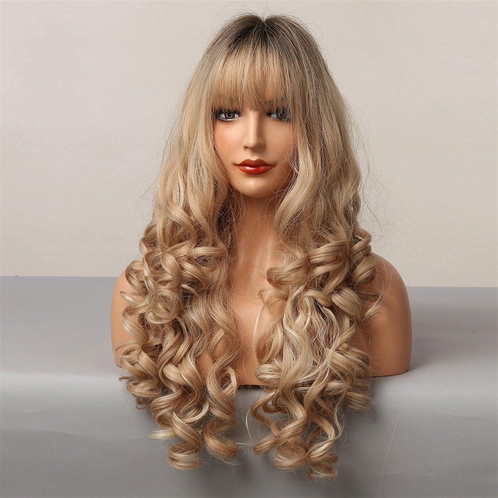 SJDPZ69KJ SJDPZ69KJ Wig 25inch Ombre Brown Champagne Blonde Highlight Long Loose Wave Synthetic Hair Wigs with Bang Heat Resistant Fake Hair for Women for Women Natural Looking Wigs
