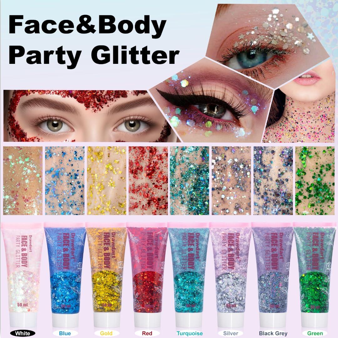 Drawdart Drawdart Face & Body Glitter - Cosmetic - Grade Red Holographic Glitter Gel,Face Body Hair Chunky Festival Rave Accessories Makeup 50ml,Glitter Sequin for Women Kids