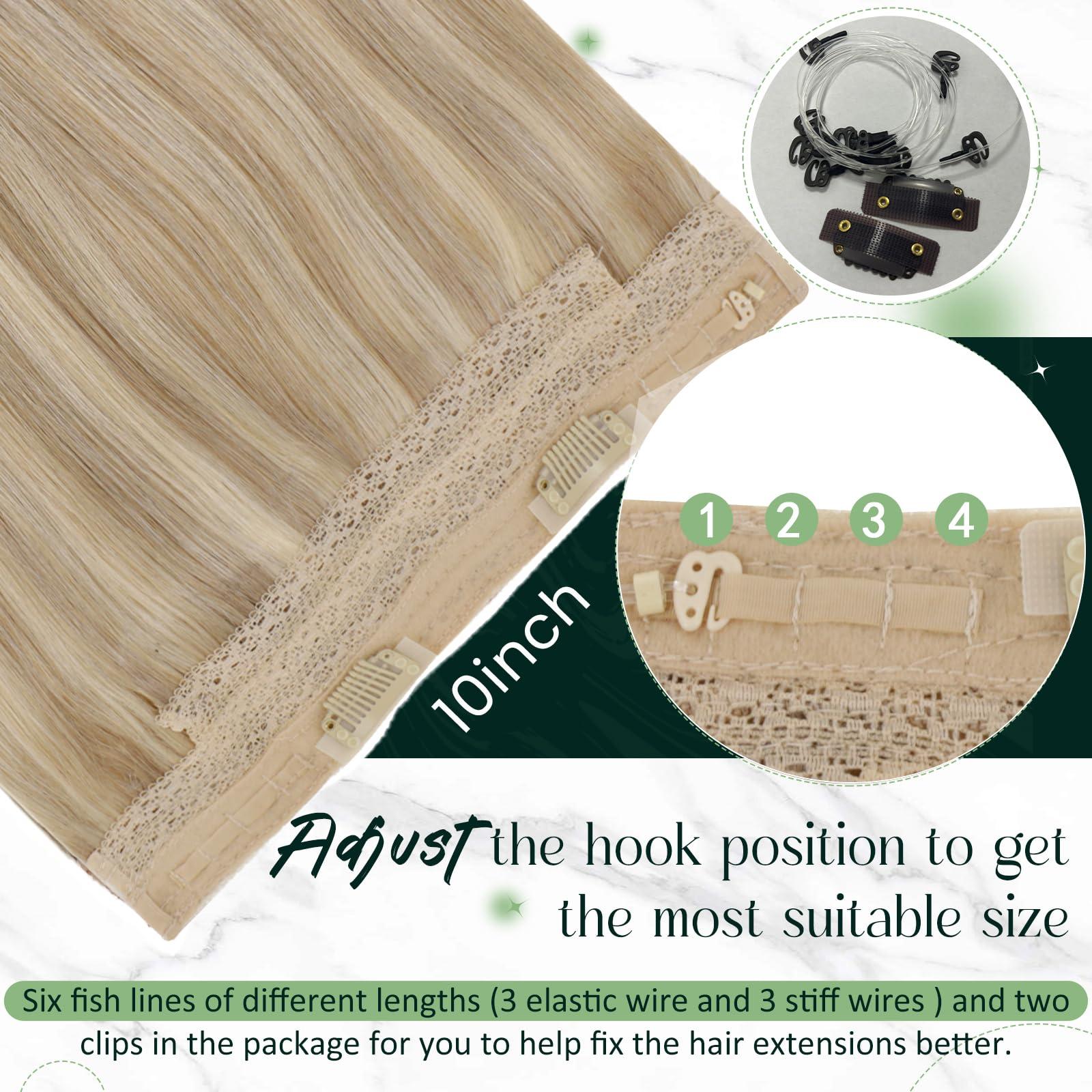 RUNATURE RUNATURE Wire Human Hair Extensions Dark Blonde Highlight Golden Blonde Fish Wire Hair Extensions Real Human Hair Invisible Wire Hair Extensions 16 Inch 80g