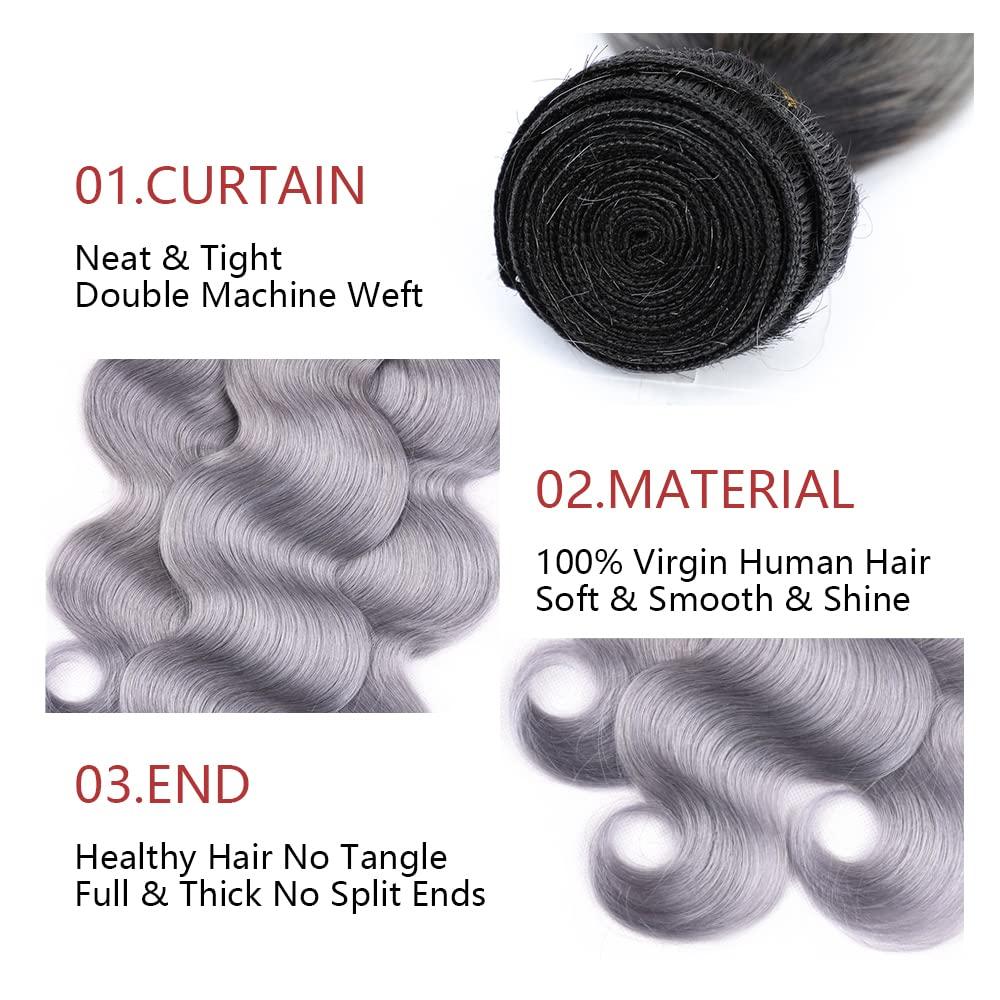 Capurchra Grey Bundles Ombre Body Wave Human Hair 3 Bundles 100% Unprocessed Virgin Weave Extensions Black To Grey Body Wave Human Hair Bundles for Women 22 24 26 Inch