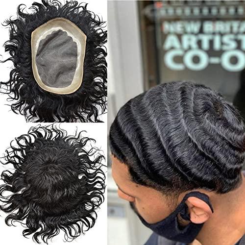 Generic Mens Toupee Hair Replacement System 6X9 Inch Mens Unit 20MM Curly Wave European Human Hair Piece Durable Fine Mono Toupee for Men 100% Density