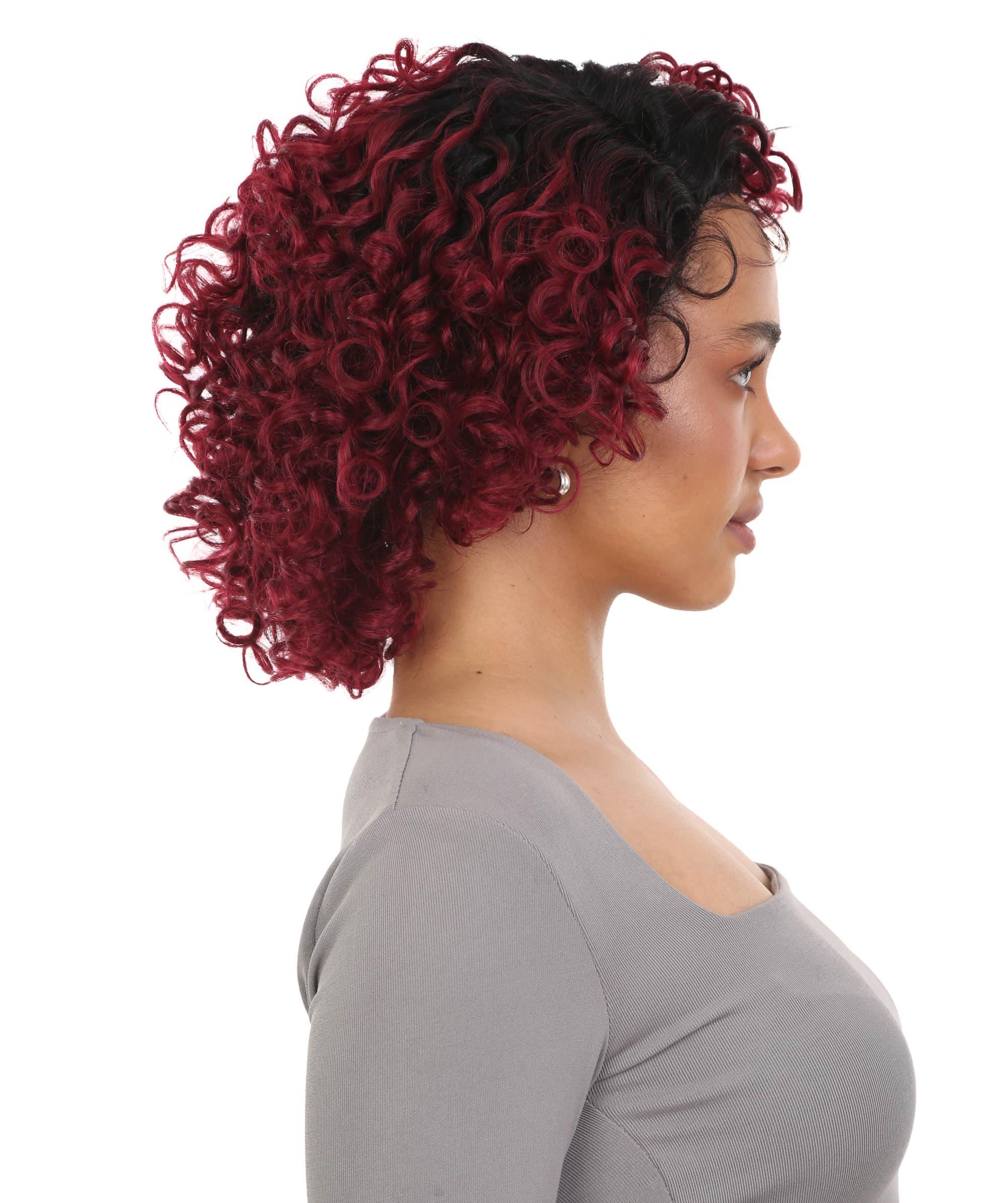 LUXLUXE LUXLUXE Lanelle Curly Jaw-Length Cut 11 in Long Side Part Wig, Heat Stylable Human Hair, BLH-0007 (Black to Red Blend)