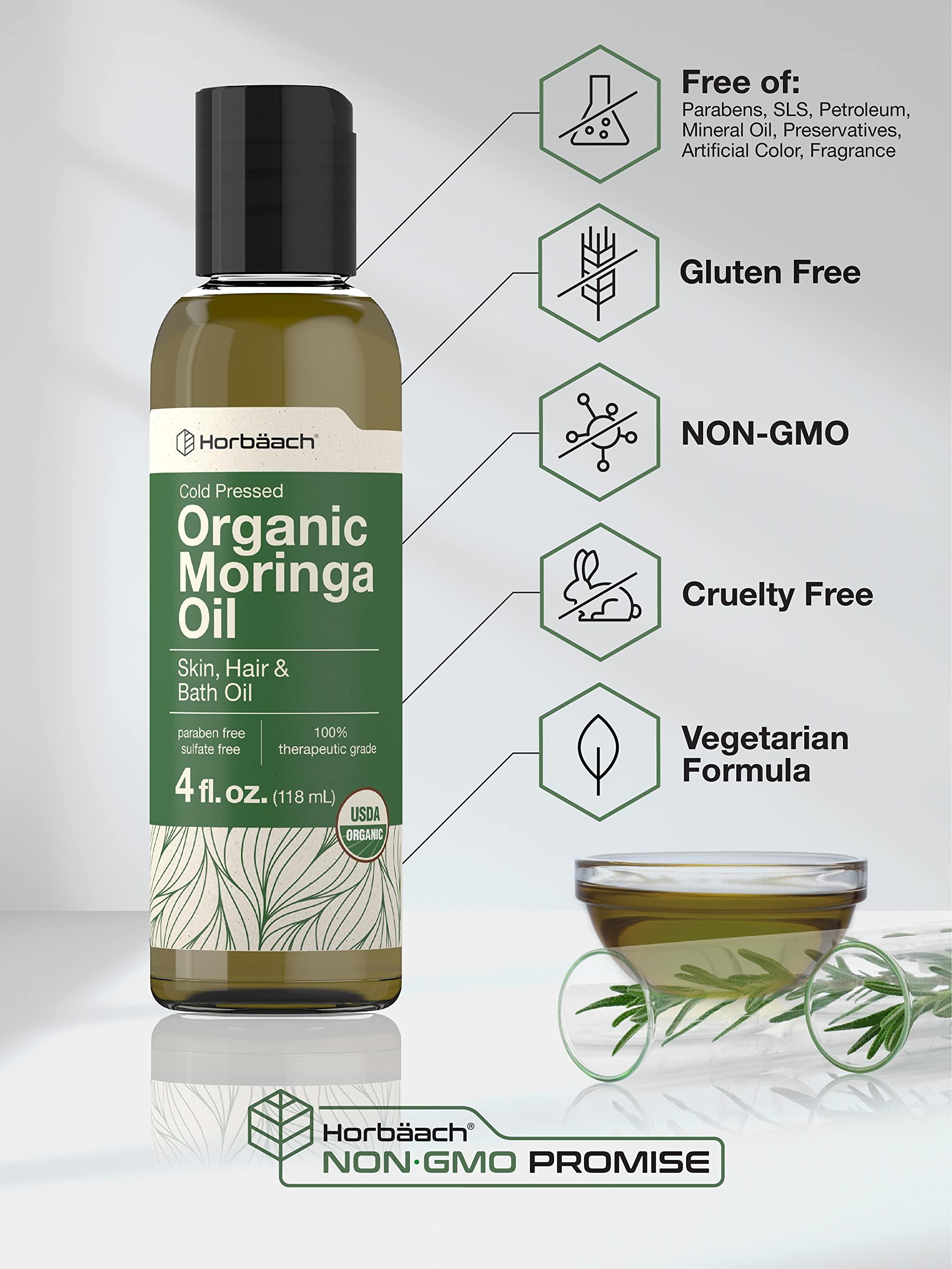 Horbach Horbach Organic Moringa Oil | 4 fl oz | for Face, Hair, and Skin | Cold Pressed | 100% Therapeutic Grade | Paraben and Sulfate Free, Non-GMO