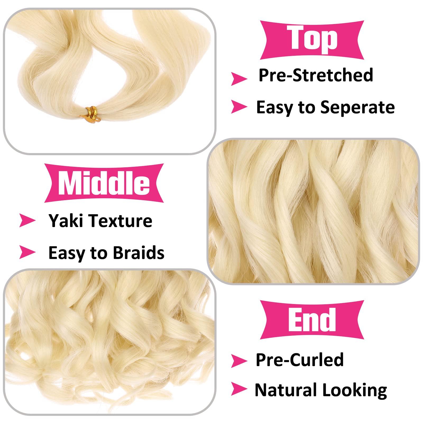 Union Beauty Unionbeauty French Curl Braiding Hair 22 Inch Blonde French Curly Braiding Hair Pre Stretched Body Wavy Braiding Hair for Goddess Box Braids Crochet Hair Curly Braiding Hair for Black Woman (613#)
