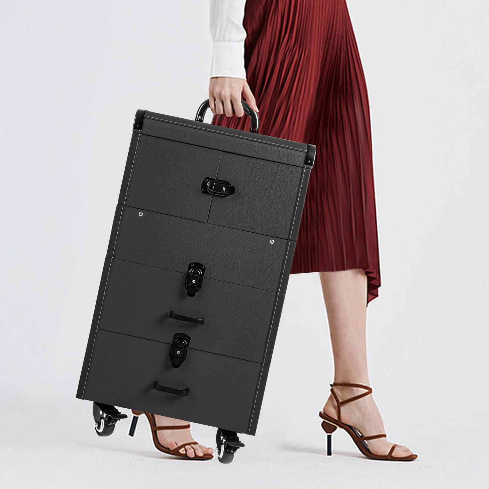 HYYKJ-US HYYKJ-US Professional Makeup Train Case Rolling Salon Travel Case with Keys Cosmetic Luggage Travel Organizer Tool Box Makeup Trolley for Makeup Artist Hairdresser Beautician (Black)