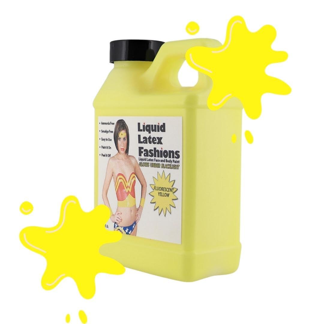 Liquid Latex Fashions Fluorescent Yellow 8 Oz - Liquid Latex Face and Body Paint, Black Light UV Reactive GLOW, Art, Theater, School Plays, Cosplays and Concerts!