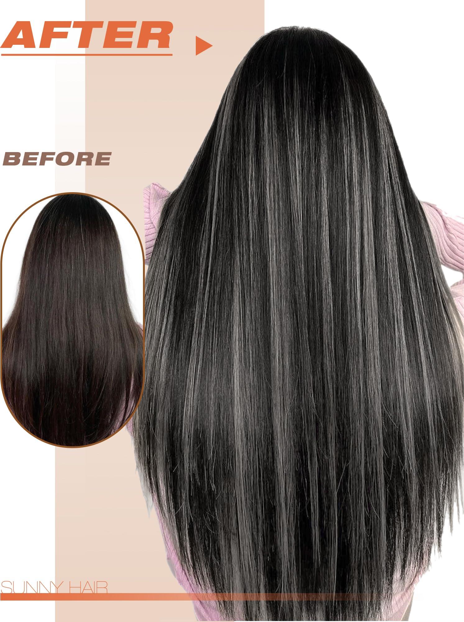 Sunny Hair Sunny Hair Extensions Real Human Hair Tape in Black Ombre Tape in Hair Extensions Human Hair Black Roots to Silver Grey Balayage Tape in Extensions Straight Hair Extension Black Ombre 20pcs 50g 20inch