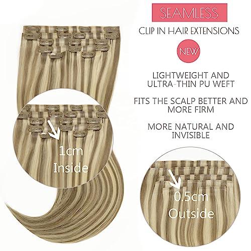 Loxxy Loxxy Glam Seamless Clip in Hair Extensions Double Thin PU Weft 100% Remy Hair Extensions Clip in Human Hair 20Inch Piano Light Brown Mixed With Platinum Blonde #P8/60 110Gram 7PCS Full Head