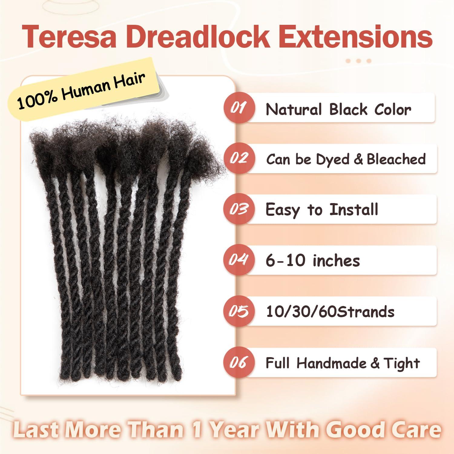 JIAJIA Teresa 0.6cm Width Starting Locs with Two Strand Twists Human Hair Dreadlocks Styled Retwisting Starter Loc Extensions Human Hair For Men and Women (1B/30 Strands, 10 Inch)