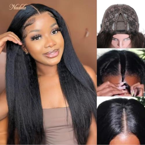 Nadula Nadula V Part Wig Yaki Straight Human Hair No Leave Out Glueless Upgraded U Part Wigs for Women,10A Yaki Straight V-part Wigs V Shape Clip in Half Wig Ready to Go 150% Density 16inch