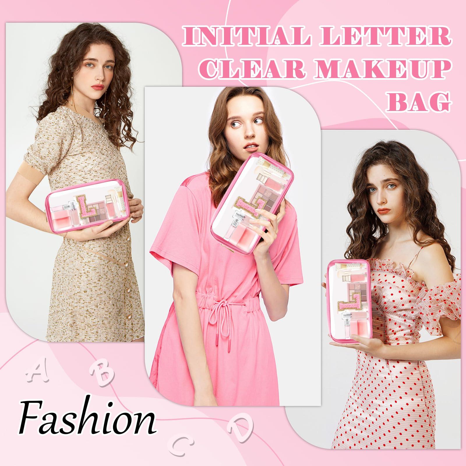 UIXIZQ UIXIZQ Personalized Initial Letter Clear Makeup Bag,Preppy Small Nylon&PVC Cosmetic Zipper Bag with Chenille Letter,Travel Skincare Toiletry Bag,Monogram Christmas Gift for Teen Girls Women,L