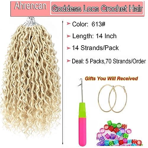 Ahrencan 613 Goddess Locs Crochet Hair,5 Packs 14 Inch Pre Looped Blonde Boho Goddess Faux Locs Crochet Hair With Curly Ends,Soft Hippie Locs Crochet Hair For Women Human Hair (14in,5packs, 613#)