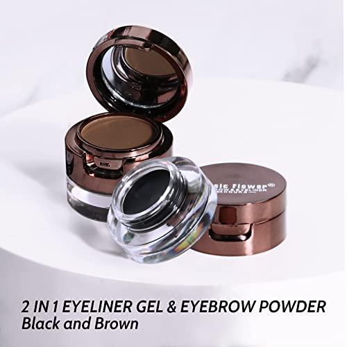 Music Flower Music Flower Gel Eyeliner Eyebrow Powder, Black and Brown Waterproof Smudgeproof Long Lasting Makeup Eyeliner Gel with Brush Mirror, 0.49 Ounce, Pack of 2