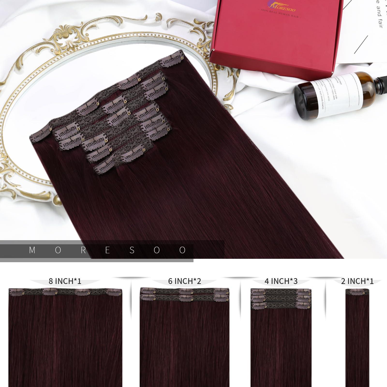 Moresoo Moresoo Burgundy Human Hair Clip in Extensions 24inch Wine Red Hair Extensions Clip in Human Hair Double Weft Clip in Human Hair Extensions Red Wine #99J Full Head Set 7Pieces 120Grams
