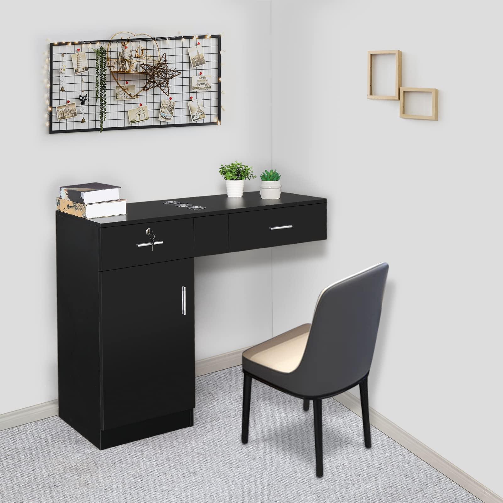 Winado Winado Wall Mount Salon Station Hair Styling, Barber Salon Stations with a Storage Cabinet, 2 Drawers, and 3 Hair Dryer Holders for Hair Stylist Beauty Spa Equipment, Black