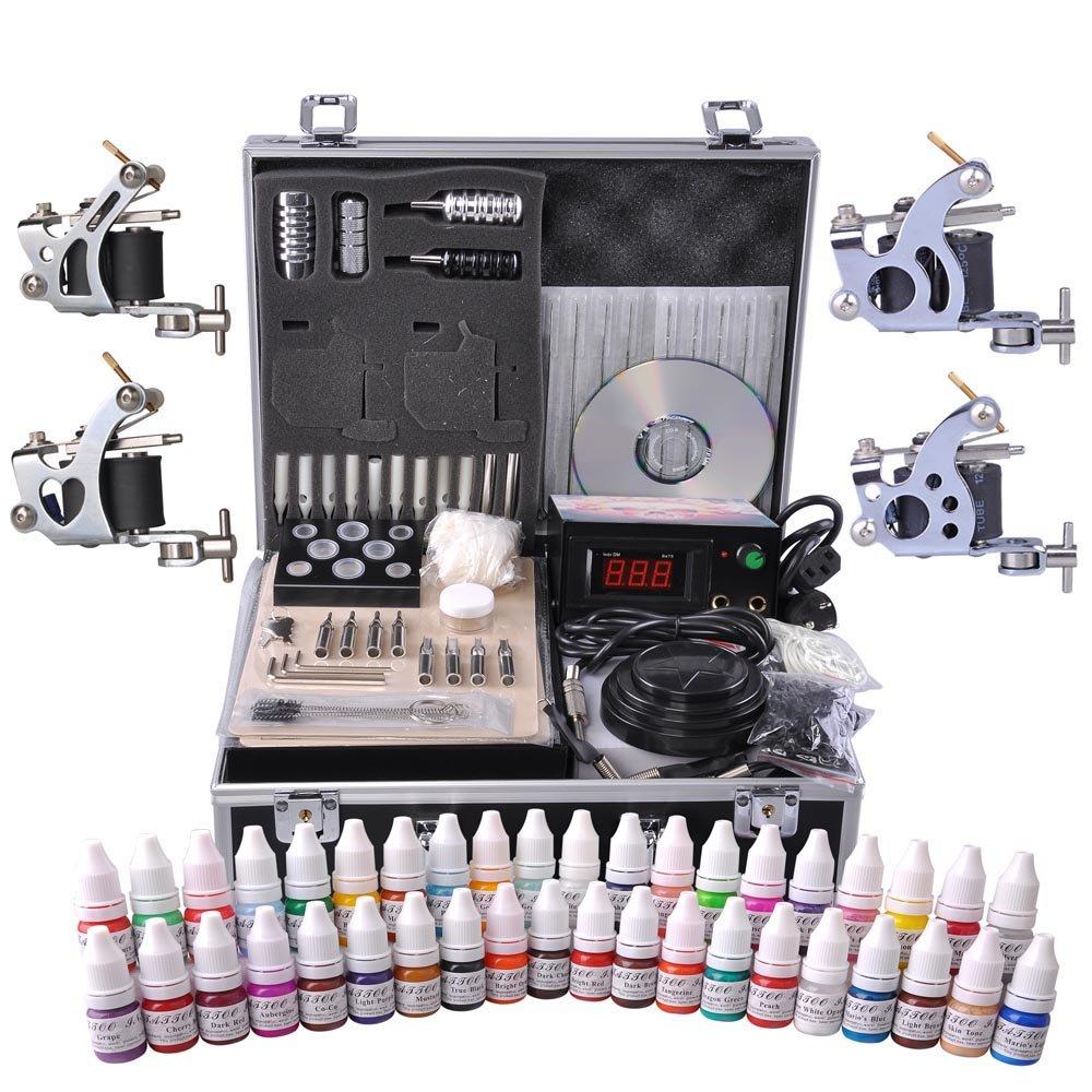 ZeHuoGe Complete Tattoo Kits with 4 Machine Guns, 2 Practice Skins, a Power Supply with LCD Display, 4 Tattoo Grips & a Portable Carrying Case for Tattoo Artists, Starters, Apprentice or Any Tattoo Lovers