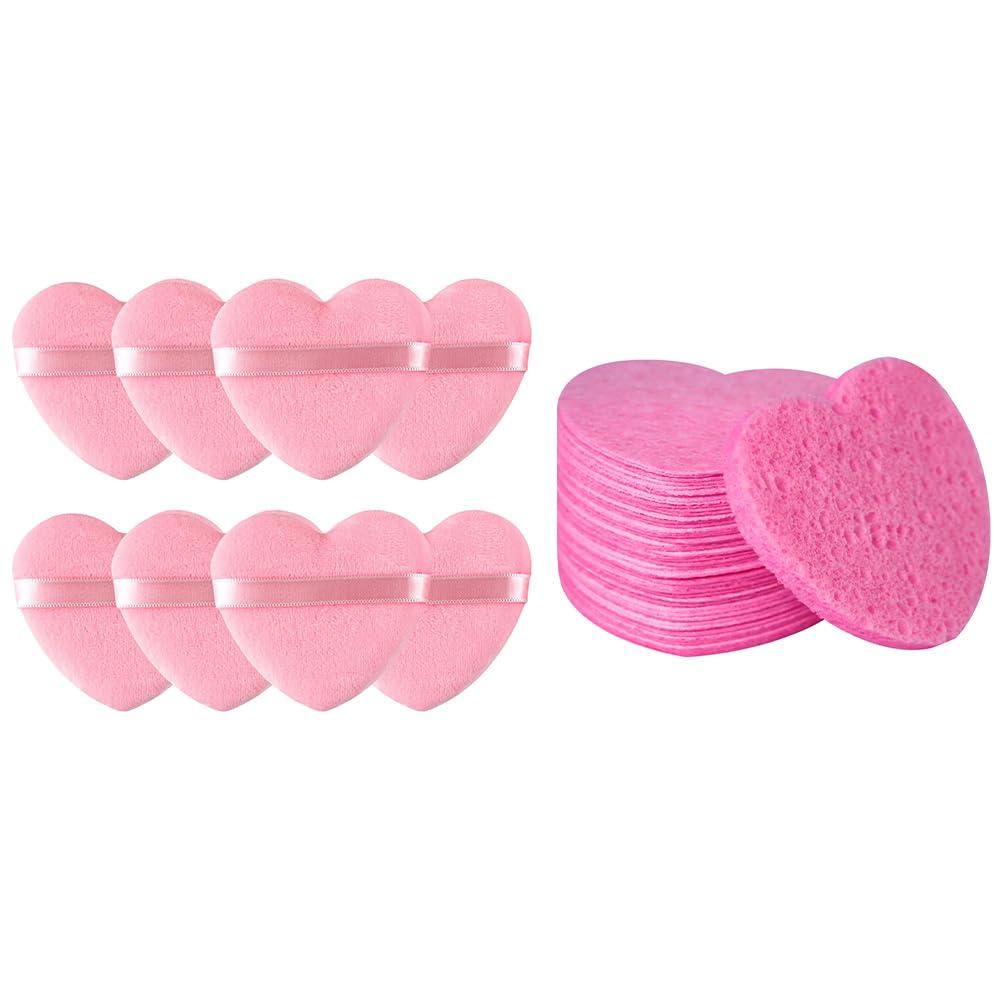 Spunspon 50 - Count Little Heart Cellulose Facial Sponges + 8pcs Wet and Dry Dual-use Makeup Puff, Pink
