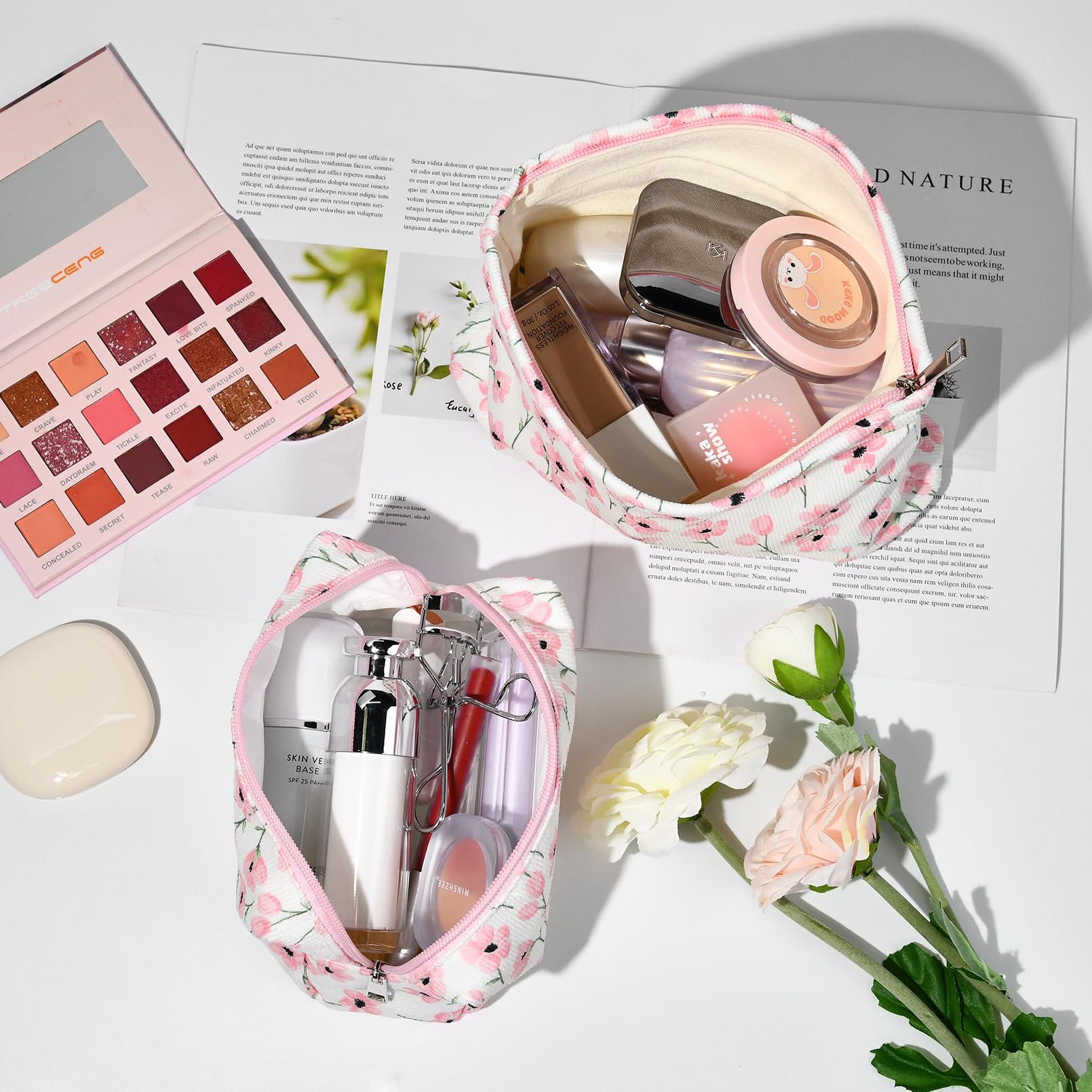 SOIDRAM SOIDRAM 2 Pieces Flower Makeup Bag Large Floral Cosmetic Bag Capacity Canvas Mix Travel Toiletry Bag Organizer Cute Makeup Brushes Aesthetic Accessories Storage Bag for Women, Flower Mix Pink