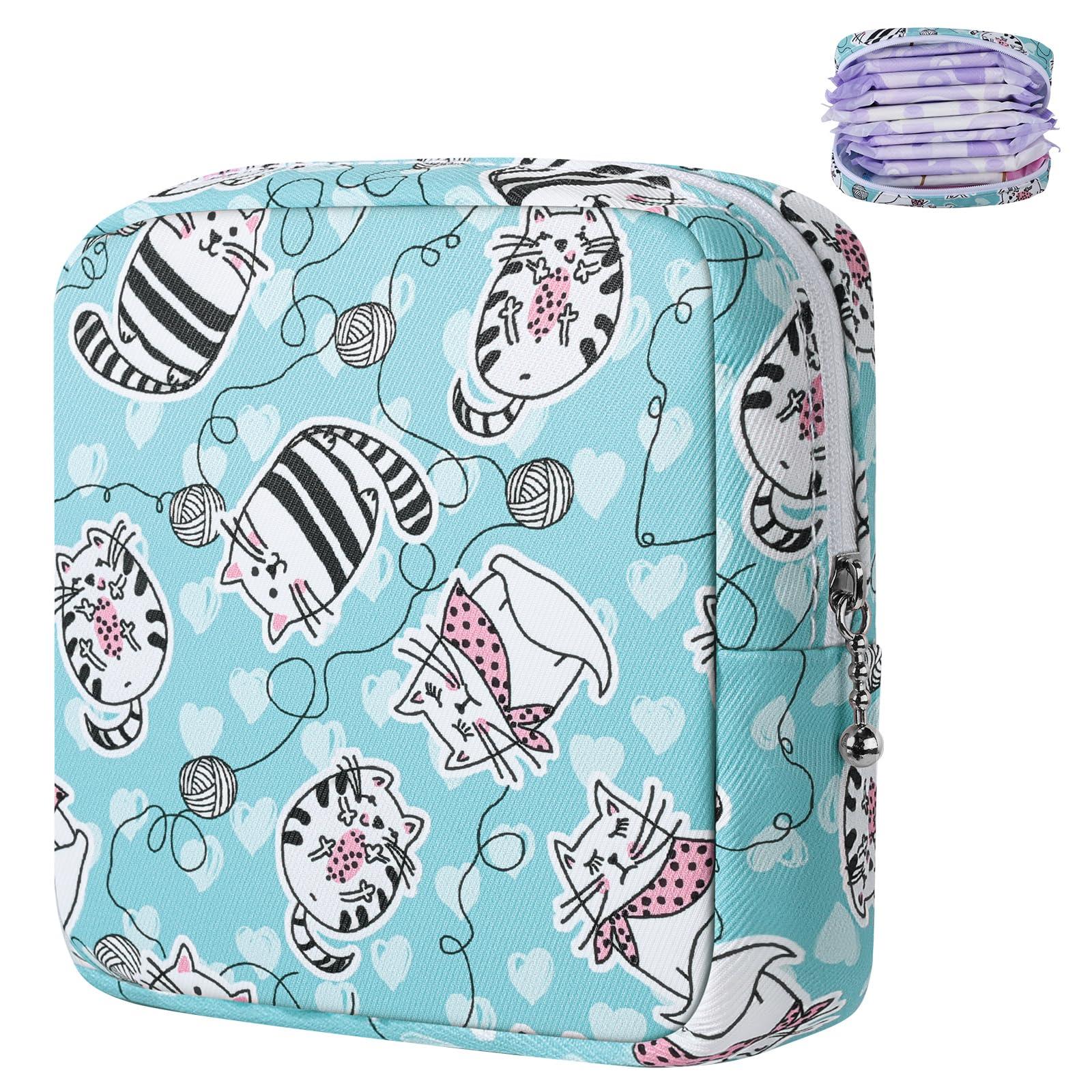 Likesing Likesing Period Bag Pouch, Canvas Sanitary Napkin Storage Bag for Girls Womens, Portable Sanitary Napkin Period Pad Pouch Bag for Purse, Small Make Up Bags(Blue Cat N0461)