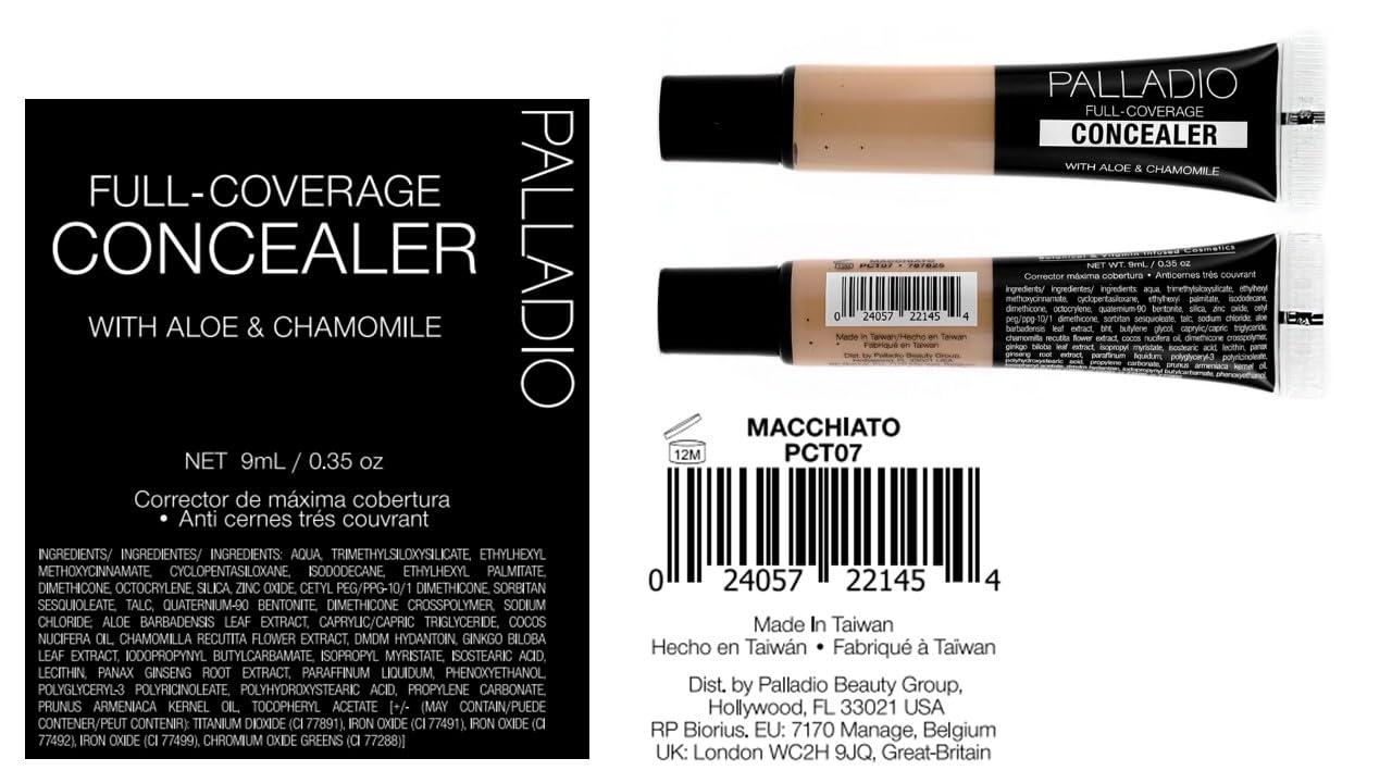 Palladio Palladio Full Coverage Concealer, Under Eyes Disguise, Creamy Face and Eye Concealer, Evens Skin Tone, Conceals Blemishes, Dark Circles and Fine Lines, Use with Concealer Brush, Macchiato