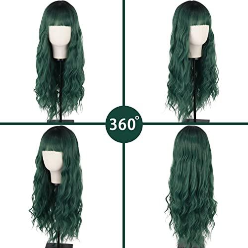 MERISIHAIR MERISIHAIR Long Dark Green Wig with Bangs,Ombre Curly Green Wig for Women,Long Dark Green Cosplay Wig Synthetic Natural Looking for Daily and Party