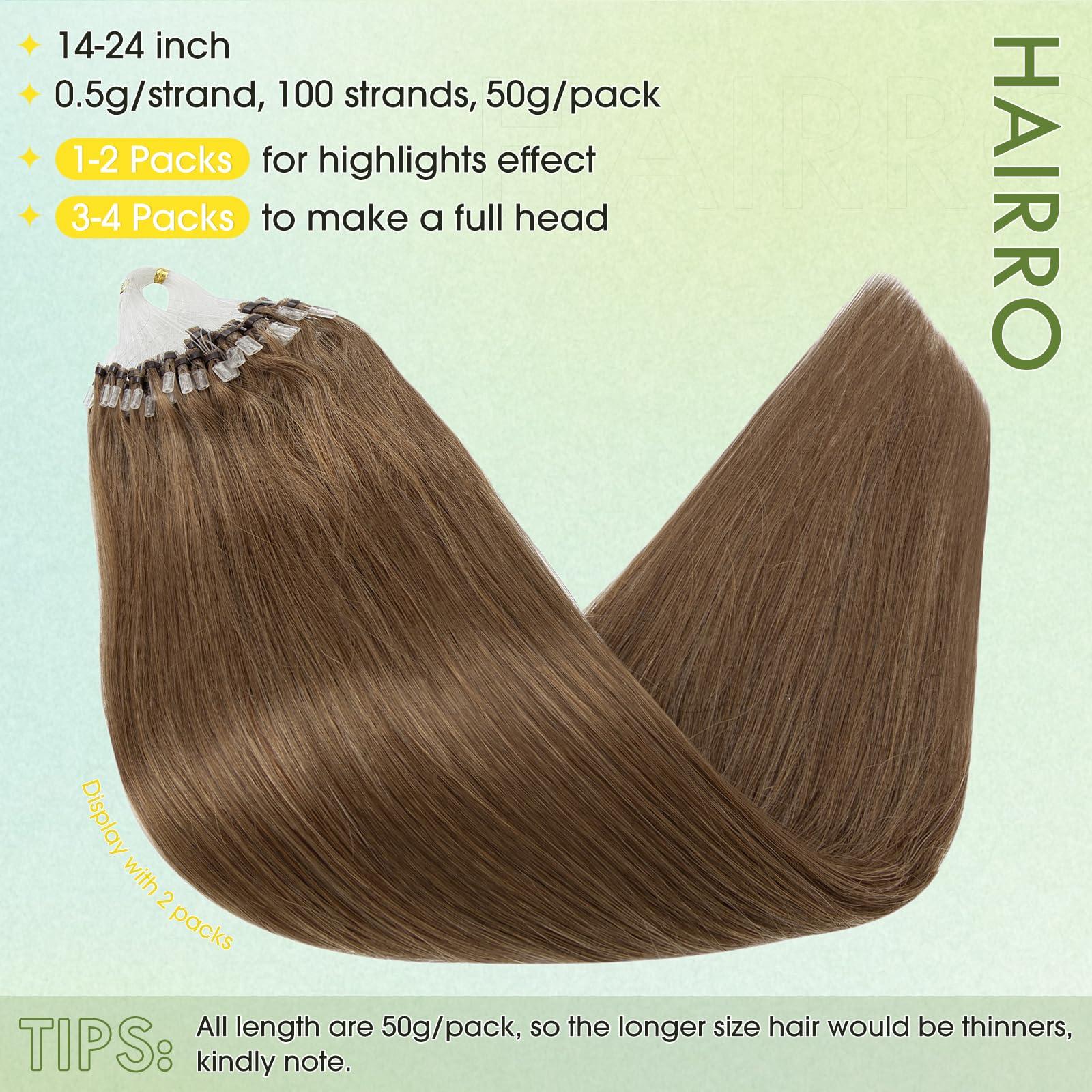 Hairro Hairro Microbead Human Hair Extensions Micro Beaded Hair Microlinks Pre Bonded Cold Fusion I Tip Micro Loop Hair For Women 14 inch 50g 100 Strands #06 Light Brown