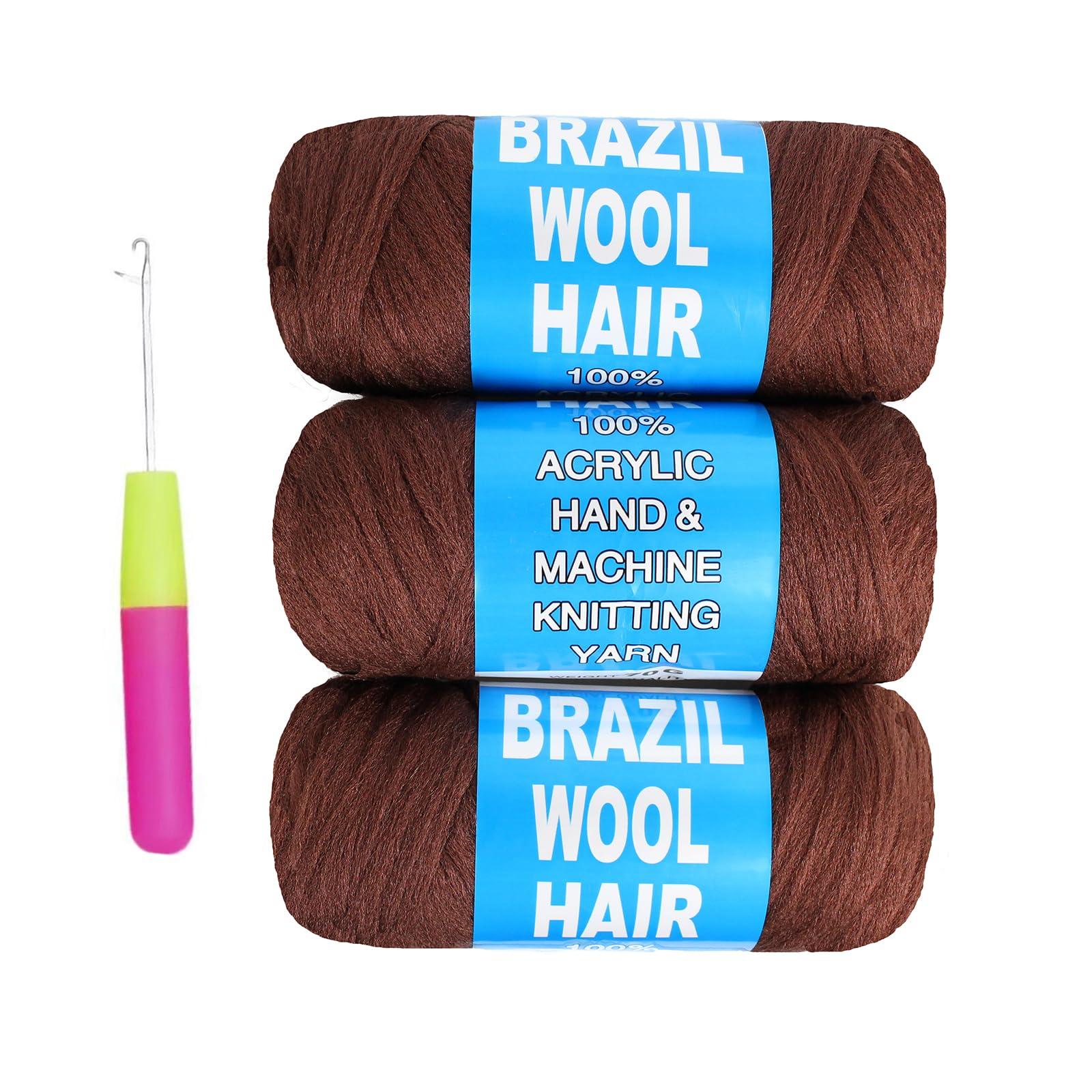 CUUKEA 3 Roll Natural Brazilian Wool Hair Yarn Hair for Jumbo Braids Braiding Hair for Soft Locs Faux Locs Goddess Locs Hair Extension Senegalese Twist Crochet Hair for Black Women(Brown)
