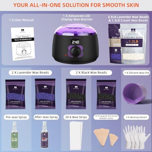 BLITZWAX BLITZWAX Digital Waxing Kit for Women and Men Hair Removal with 1.3lbs Lavender&1.3lbs Cream Wax Beans for Eyebrow, Body, Brazilian, Bkini and Sensitive Skin, Hot Wax Beads Kit for Home and Salon Use