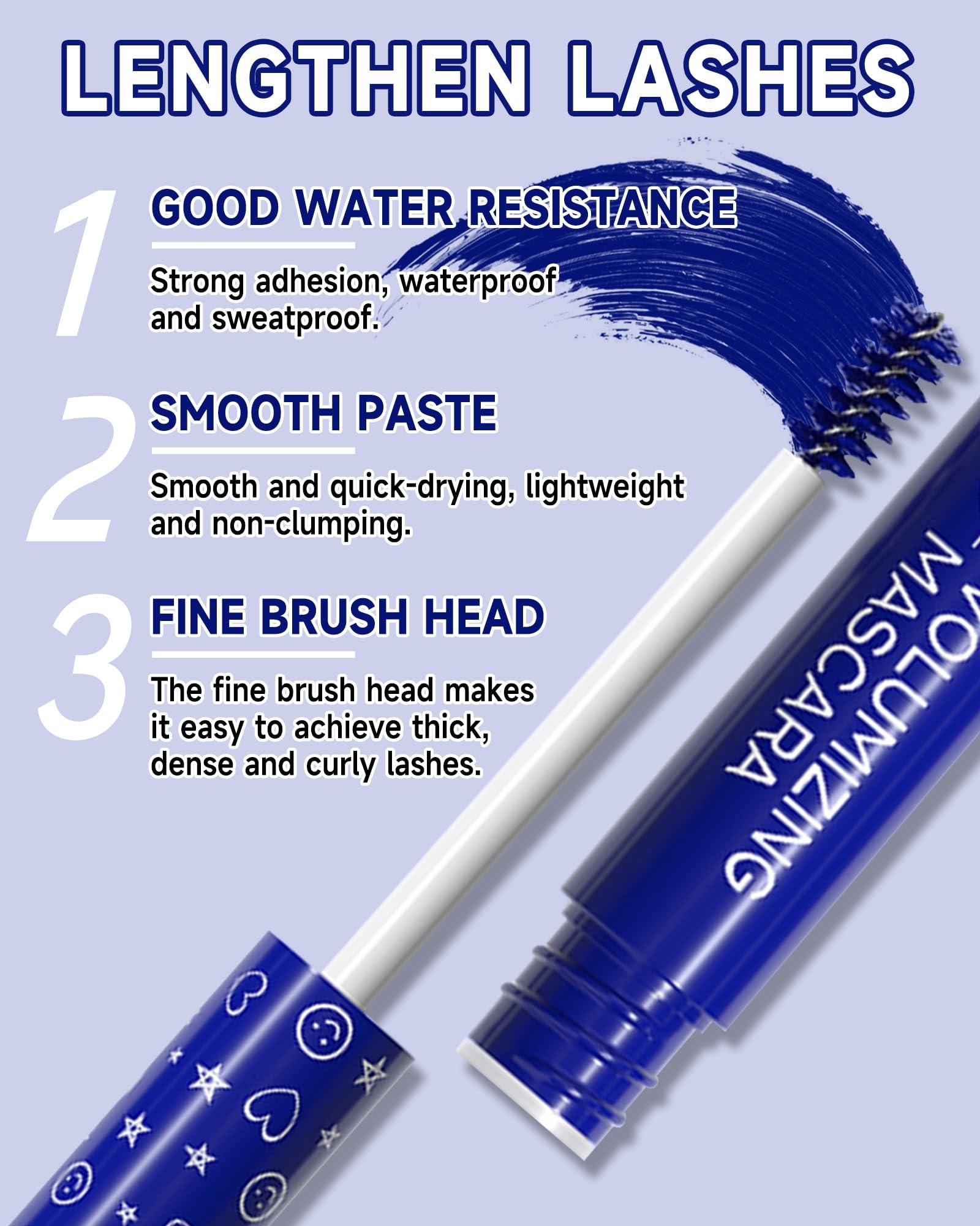 Caedelfly Blue Waterproof Mascara Volume and Length, Long Lasting Colored Liquid Tubing Mascara Lash Extensions for Eyelashes,Smudge-Proof Curling Voluminous Mascara Cosplay Party Women Eye Makeup Gift-01
