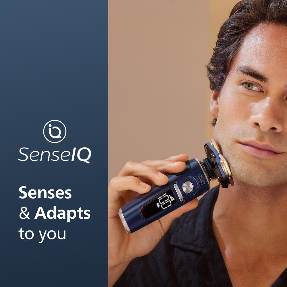 Philips Norelco Philips Norelco Shaver Series 9000 Prestige, Wet and Dry Electric Shaver, System, SenseIQ Technology, Precision Trimmer, Nose Trimmer, Qi Charging Pad, Cleaning Pod, Adriatic Blue, SP9886/89
