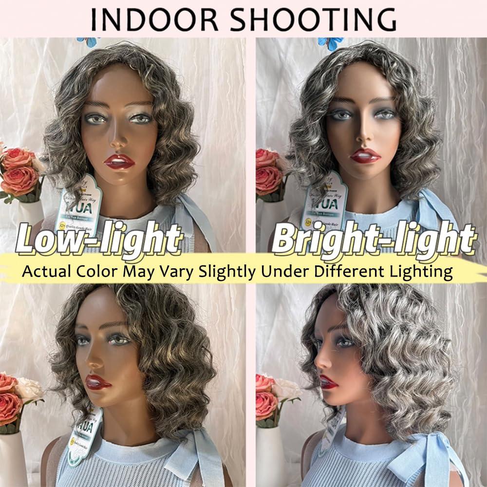 HUA HUA Salt and Pepper Grey Wigs Human Hair for Black Women Glueless Deep Wave Grey Human Hair Wig for Older Women Gray Wigs for Women Human Hair Mixed Bob Wear and Go Glueless Grey Wig
