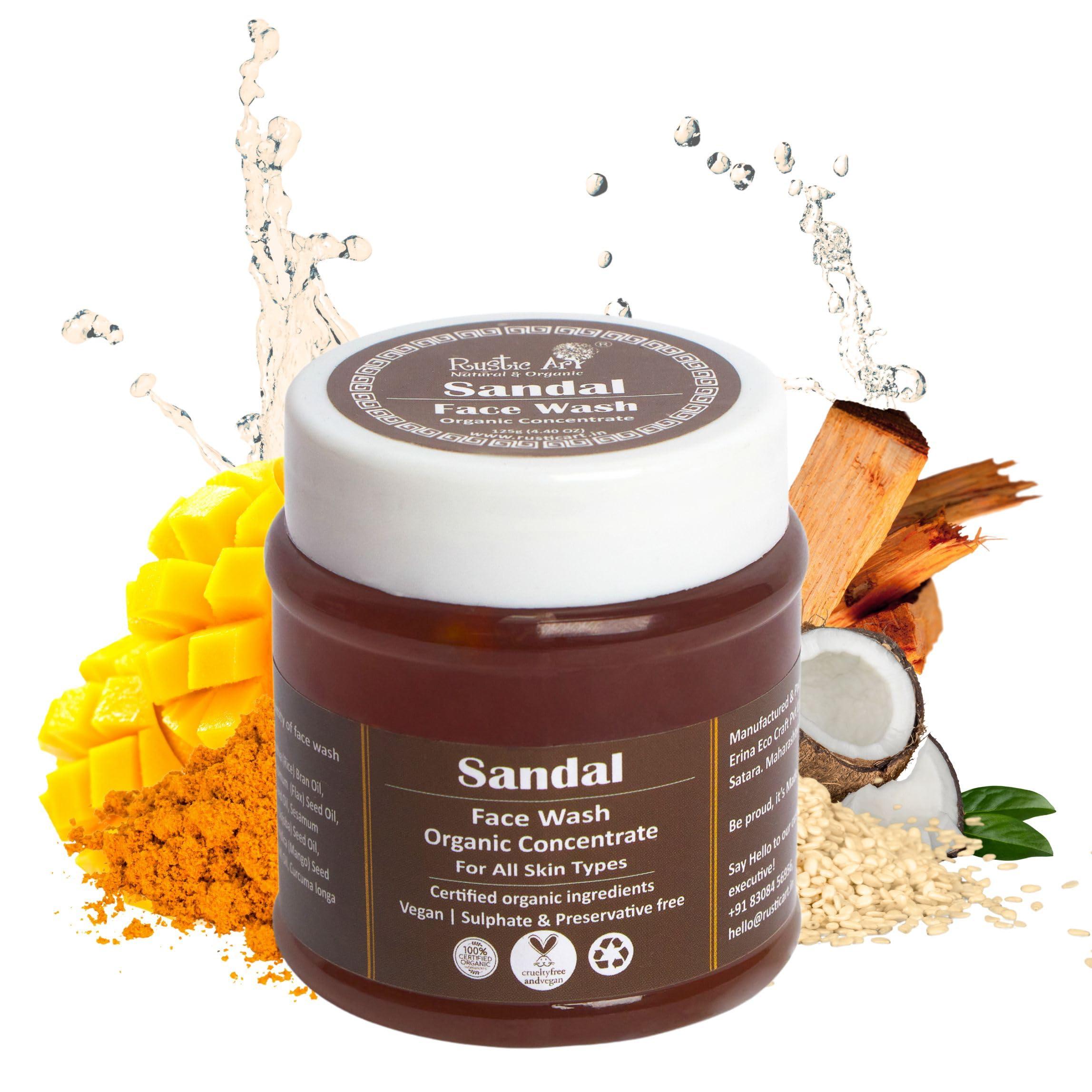 Rustic Art Rustic Art Sandal Face Wash Concentrate | Daily Essentials | Turmeric & Mango Butter | All Skin Types | Sulphate & Paraben Free | Vegan & Cruelty Free | For Women & Men | 4.4 Oz