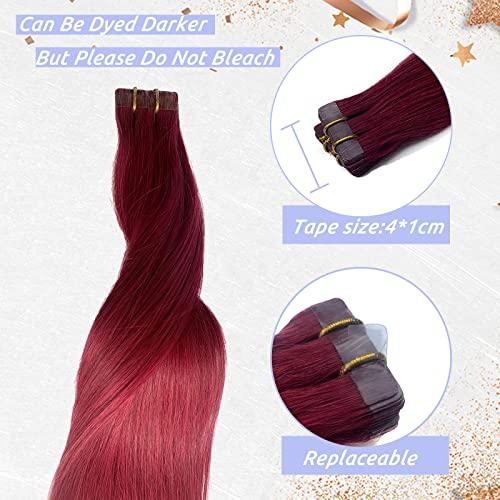 Smavida Dark Wine Human Hair Extensions 22" Long Straight Burgundy Tape in Extensions 60grams 20pcs Silky Tape Remy Hair Extensions, Color #99J