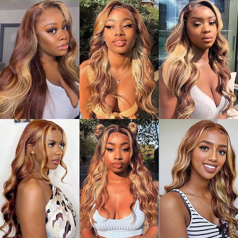 AuokMar Highlight Bundles Human Hair P33/613 Body Wave Bundles 8A Peruvian Virgin Hair 3 Bundles 14 16 18 Inch Reddish Brown Mixed With 613 Blonde Body Wave Bundles Hair Extensions 300g