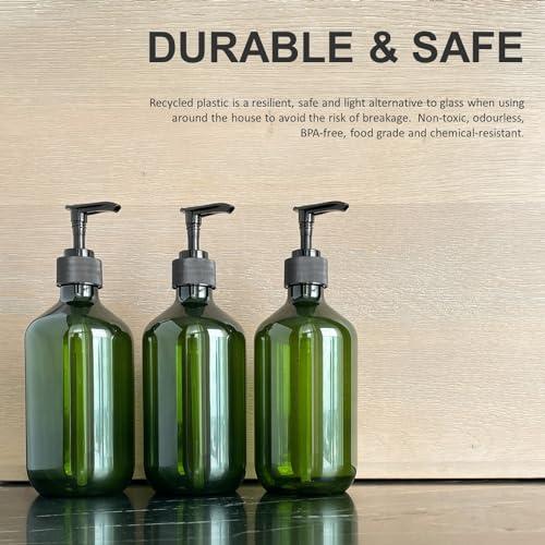 Native Green Recycled Plastic Pump Bottle Dispenser 3 x 500ml, Bathroom Bottles with Labels, Empty Refillable Shampoo and Conditioner Dispenser Bottle with Pump for Liquid Hand Soap, Shower Gel, Body Wash, Lotion