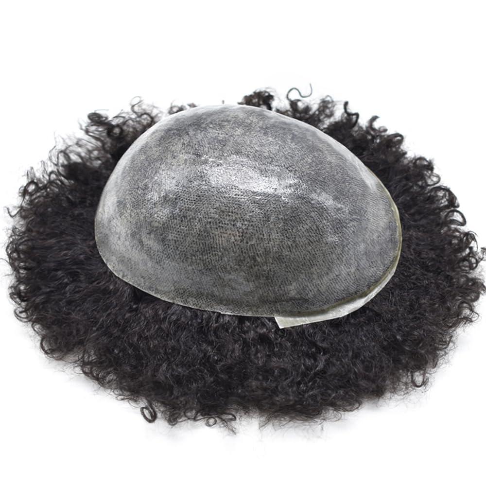 Hair Wonders Afro Toupee for Black Men Soft Full Poly African American Men Toupee Kinky Curly Brazilian Human Hair Pieces Man Weave Hair Unit Black Men 8x10 inch Hair Units for Black Men 1# JET BLACK 12mm wave