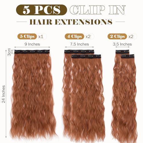 Hairro Hairro Clip In Hair Extensions 5PCS 17 Clips Ginger Copper Red Hair Extensions Synthetic Long Wavy Loose Wave Invisible Lace Weft Clip Ins Hairpiece For Women 24\" 250g #T1439