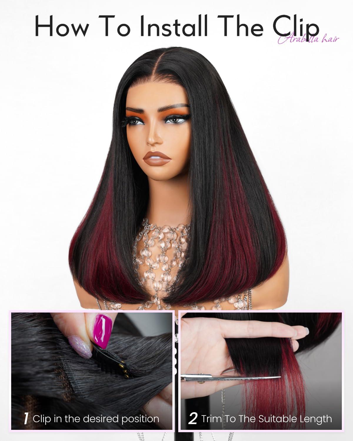 Arabella Arabella Hair 5x6 Glueless Wigs Human Hair and 4 Pcs 1B/99J Clip in Hair Extensions Pre Plucked Pre Cut 280% Density Glueless Wigs Human Hair Pre Plucked Bleached Knots Straight Wig Human Hair 18inch