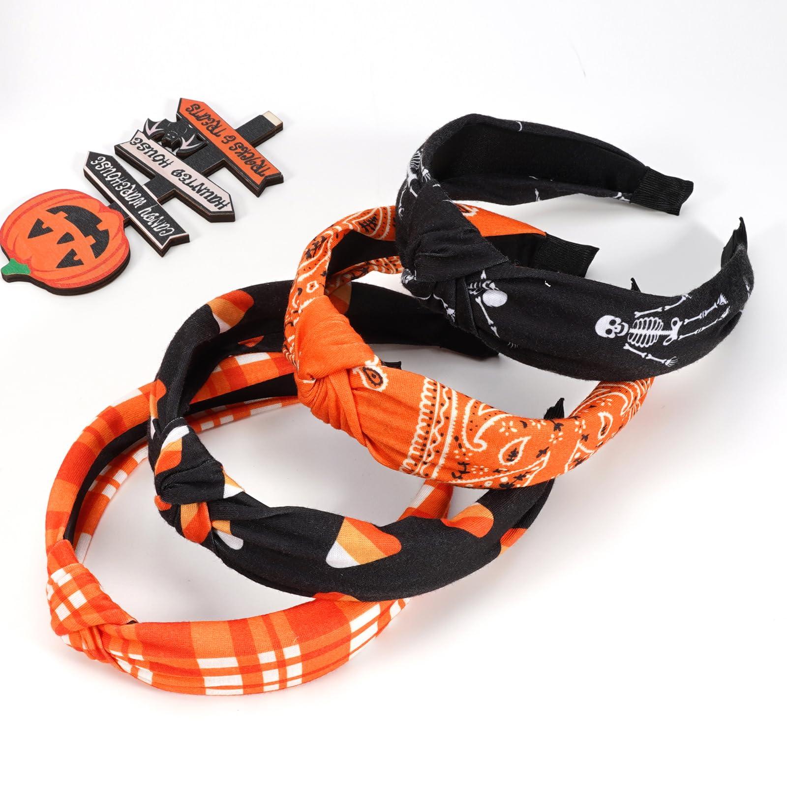 Bookay Halloween Headbands for Women Girls Skeleton Skull Candy Wide Knot Heabdand Fall Orange Bandana Plaid Hairbands Hair Accessories Halloween Party Outfit Gifts