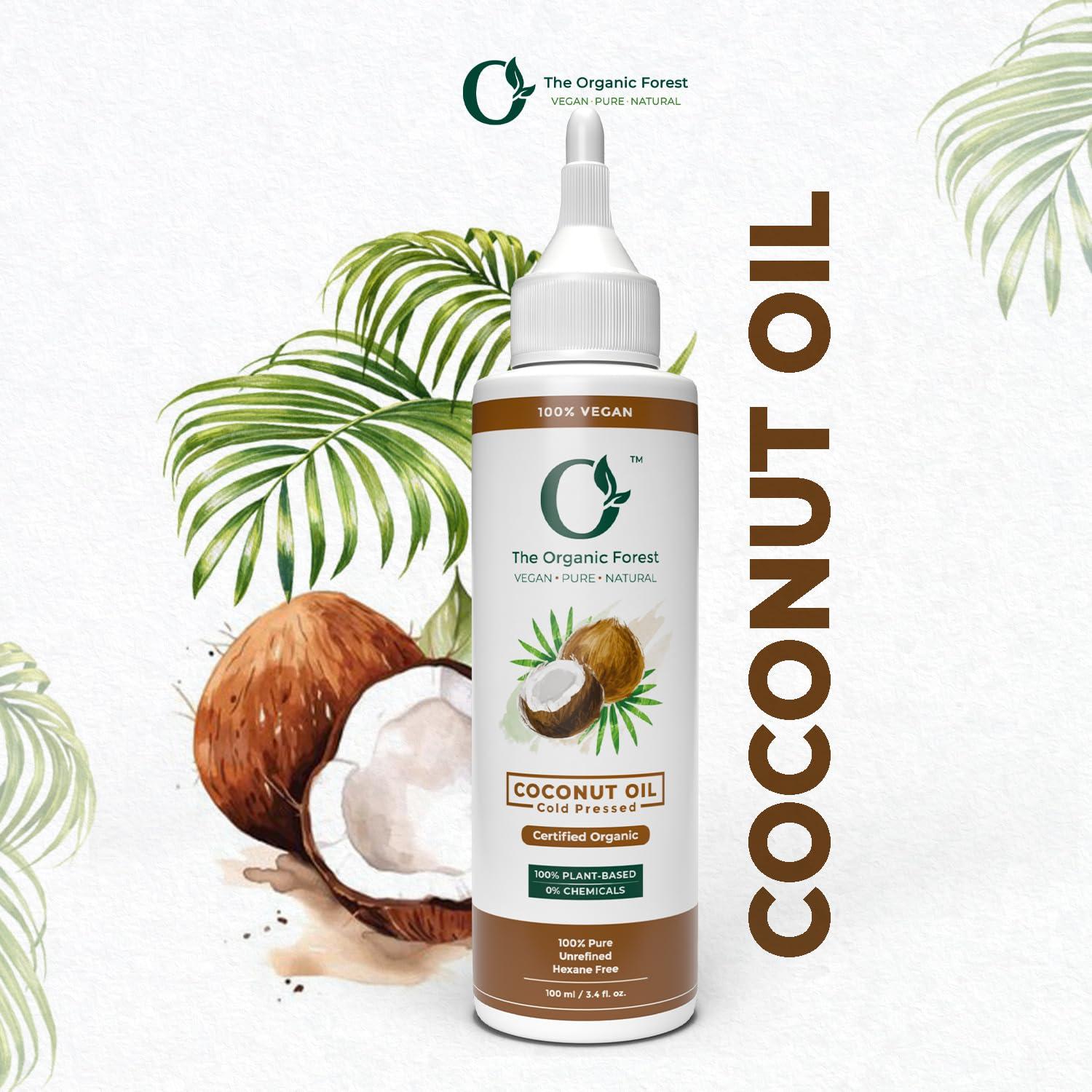The Organic Forest  VEGAN . PURE . NATURAL USDA Certified Organic Cold Pressed Coconut Oil - Hair Oil & Massage Oil for Skin - Unrefined, Extra Virgin, Body Oil After Shower - Pure Coconut Oil for Hair & Face - Organic Coconut Oil for Baby