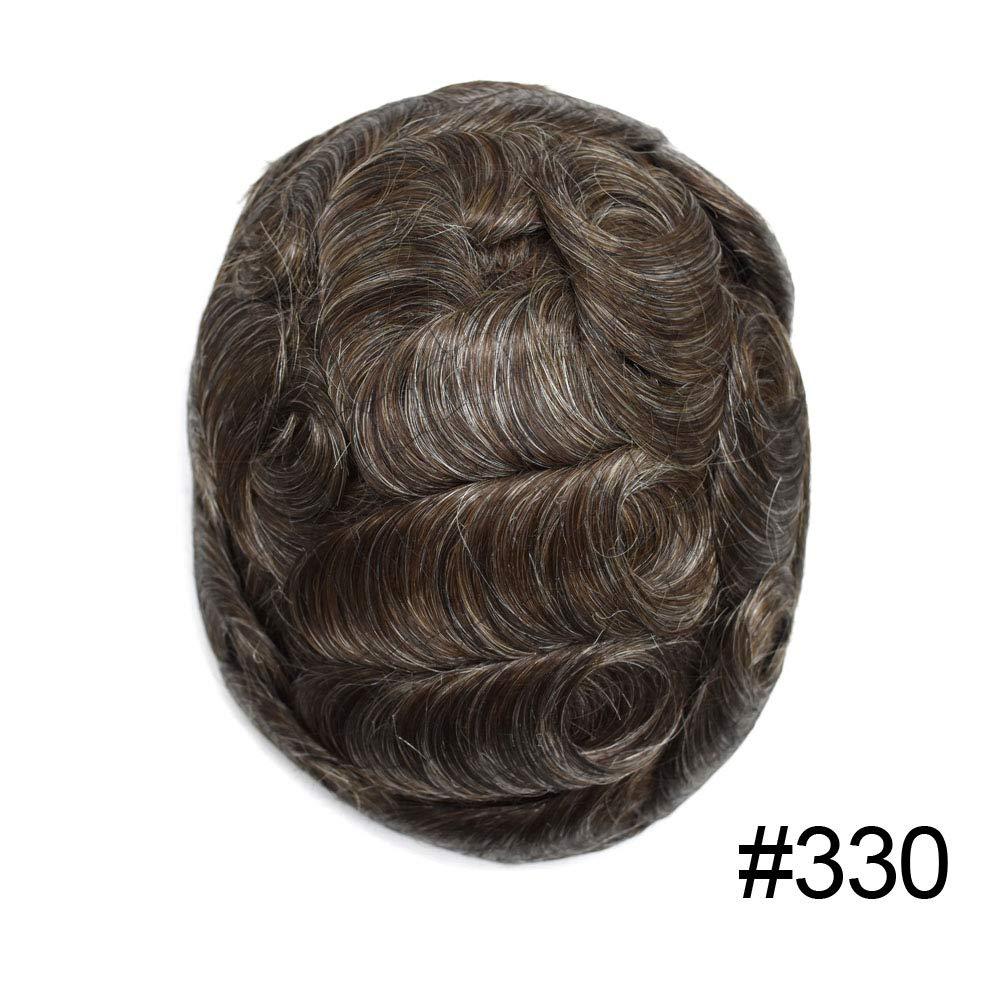 F M FACE MIRACLE NEW YORK Toupee for Men Human Remy Hair Replacement System FACE MIRACLE 0.1mm PU Injected Mens Toupee Hair Units Thin Poly Men Hair Piece Man Wigs (8X10"-120% Light to Medium Density, #330 3# DARK BROWN WITH 30% SYNTHETIC GREY)