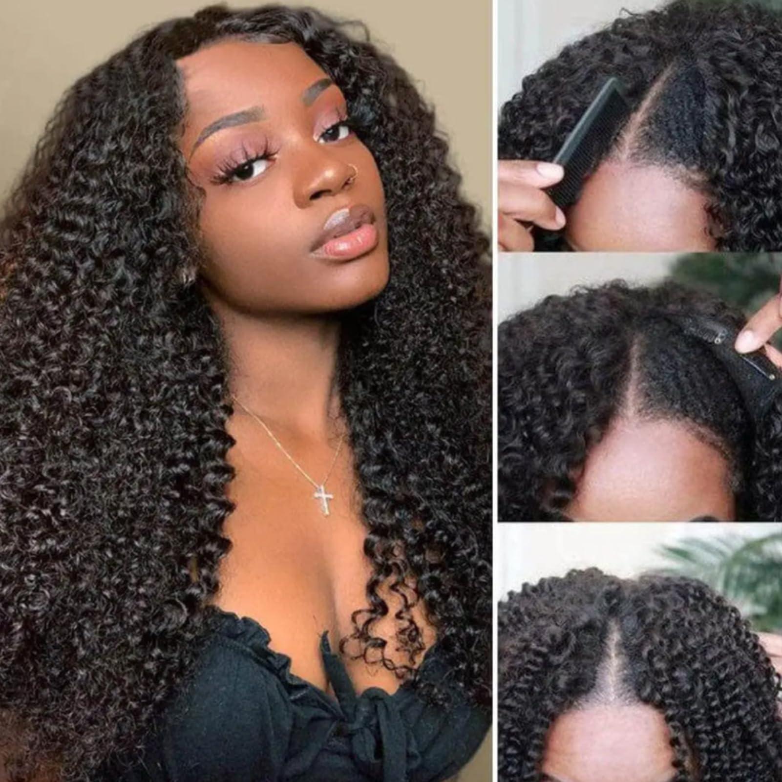 Lealife 18 Inch V Part Wig Human Hair Curly,V Part KinkyCurly Wig for Women,Glueless No Leave Out No Sew in Upgrade U Part Full Head Clip in Natural Black 12A Human Hair 200% Density