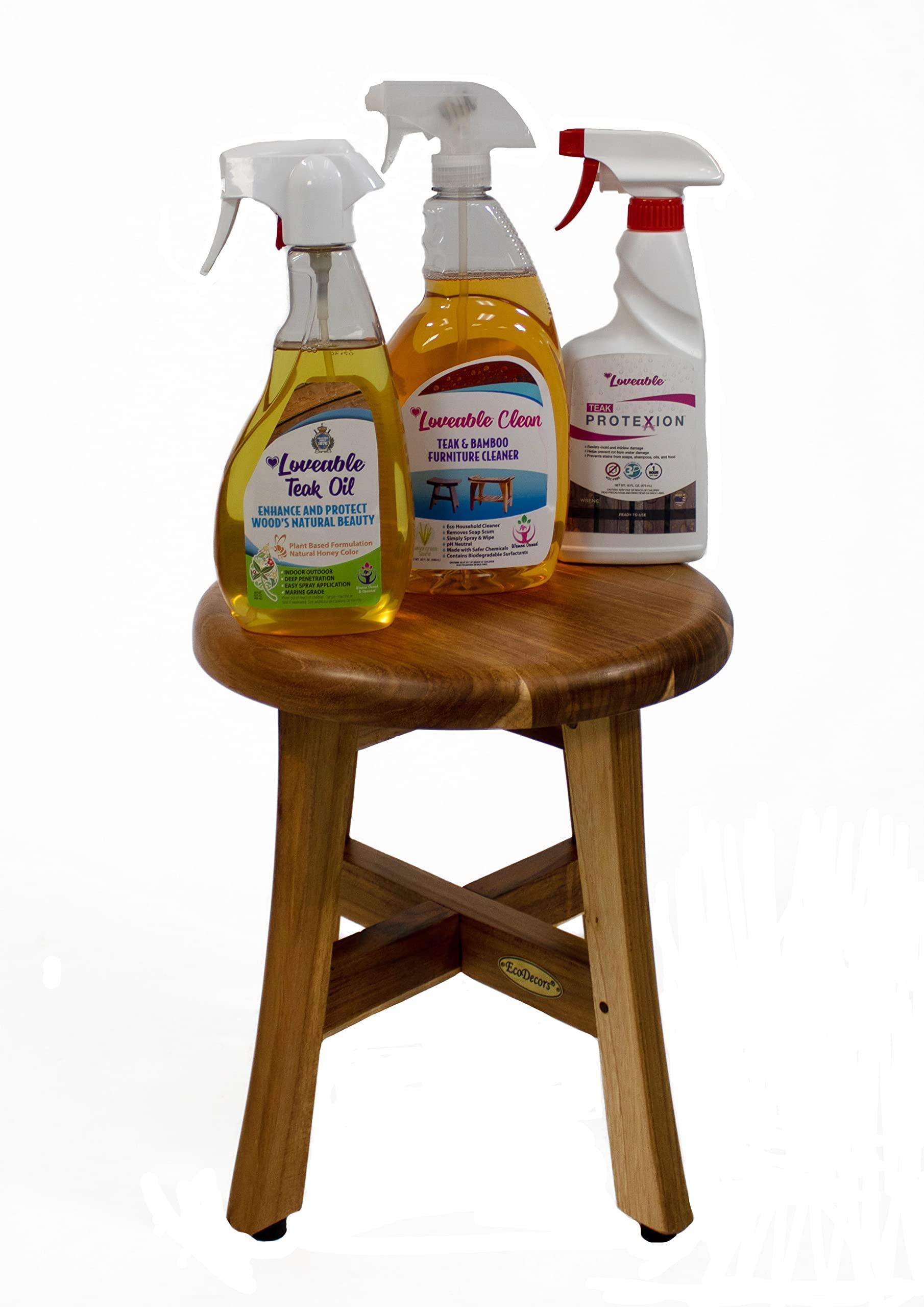 EcoDecors EcoDecors Shoji 12 Inch Round 13 inch T, Waterproof Teak Wood Shower Bench Stool For Inside Shower, Loveable 24oz Teak Oil, Teak Cleaner Protective Teak Wood Restorer 32oz and Loveable Protection 16oz