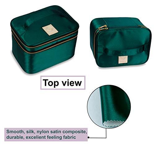 Eudora Eudora Double Layer Travel Makeup Bag, Green Nylon Satin Makeup Bag Organizer with Portable Mirror and Brushes holders, Large Cosmetics bag for Women (Green)