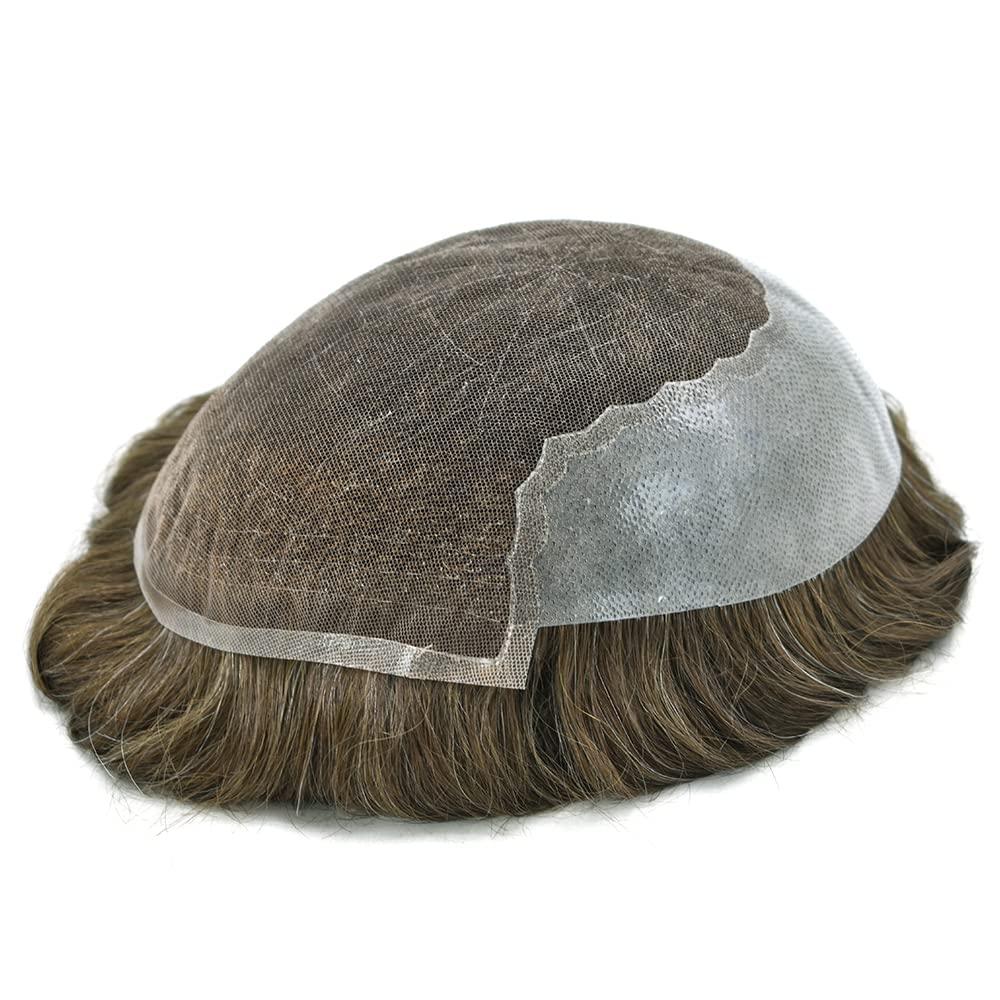 Generic Toupee For Men French Lace Front Bleached Knots Mens Toupee Natural HaIrline Breathable Human Hair System For Men (8\"x10\", 7 Very Light Brown-100% density)