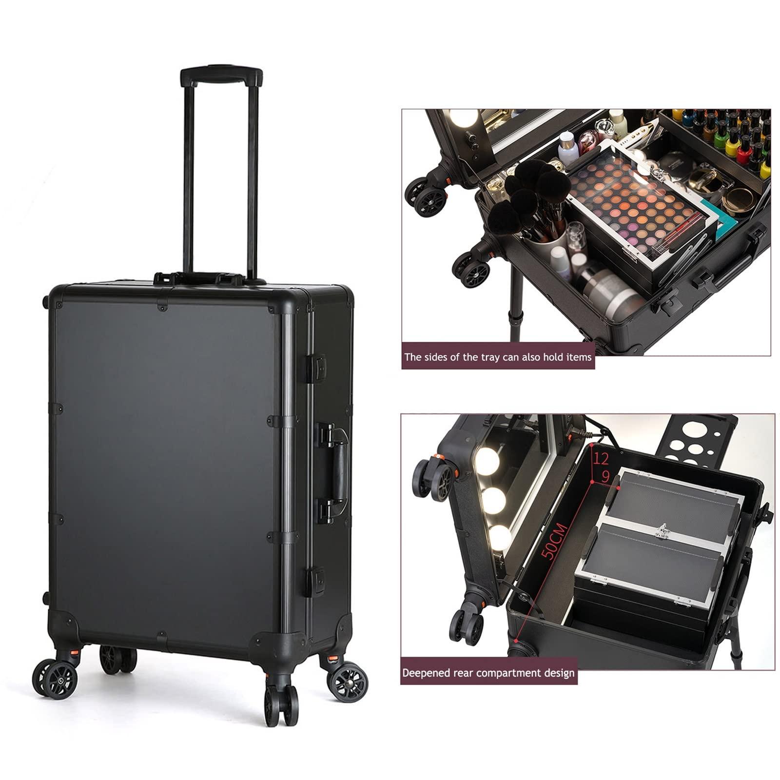 HJXGQJM Rolling Makeup Case Professional Makeup Train Case Makeup Artist Travel Organizer, Cosmetic Case With LED Light With Stand, Infinitely Dimmable, Two-colour, Aluminium Make Up Case, Black cosmetic case