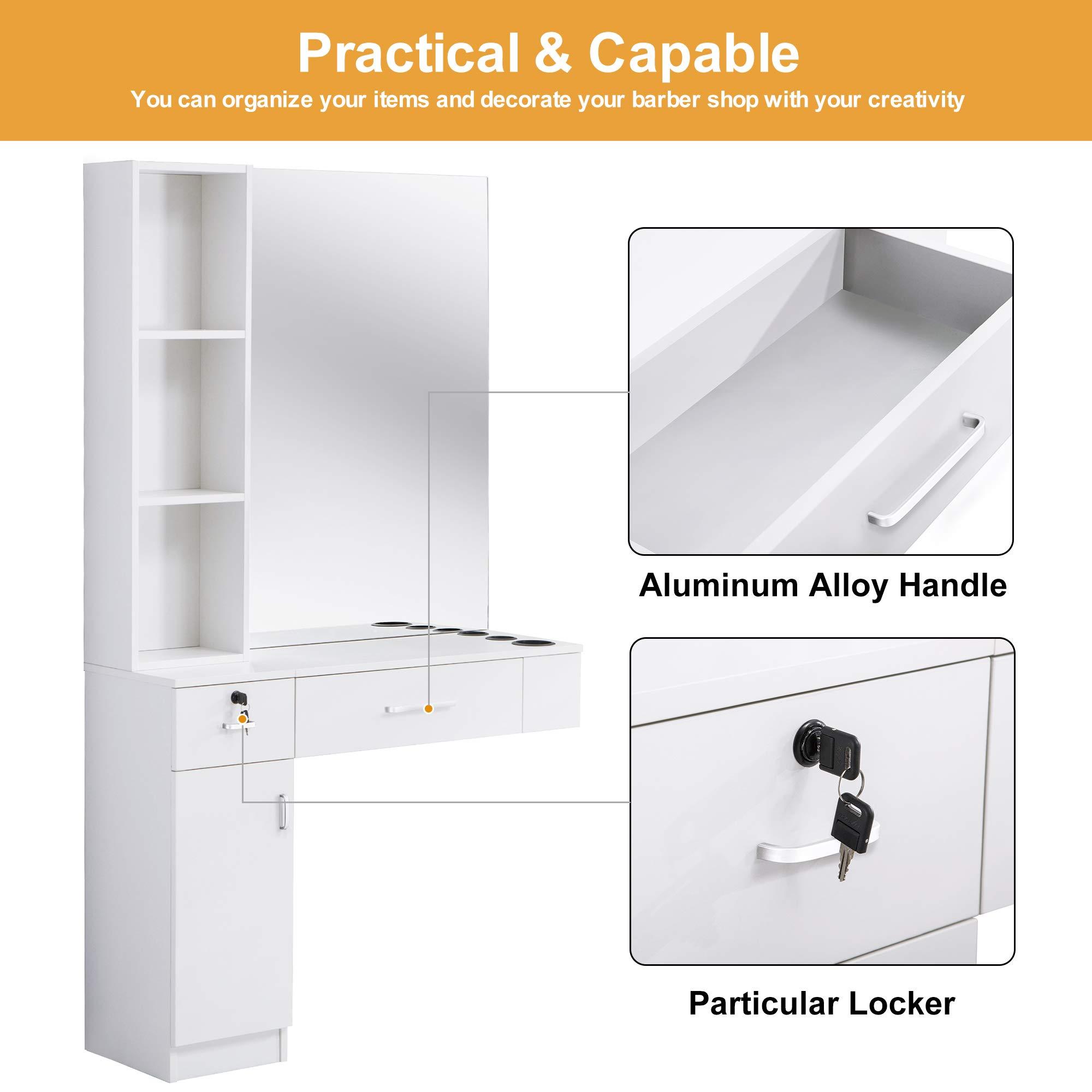 BarberPub BarberPub Wall Mount Hair Styling Salon Station with Mirror Beauty Salon Spa Equipment Set with 3 Hair Dryer Holders 3036 (White)