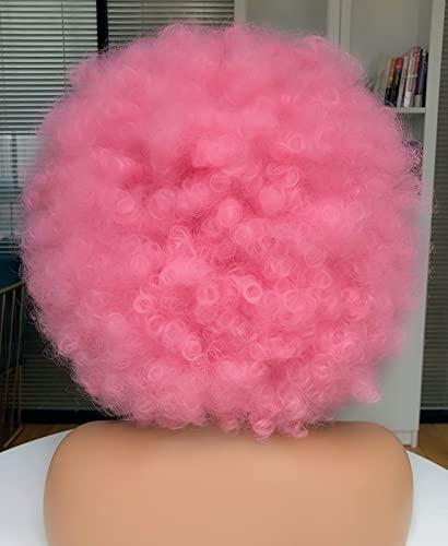 CURLCRAZY CURLCRAZY 70s Afro Wig with Bangs Short Afro Kinky Curly Wig for Black Women Large Bouncy and Soft Natural Looking Halloween Party Christmas Cosplay Wigs (Pink)