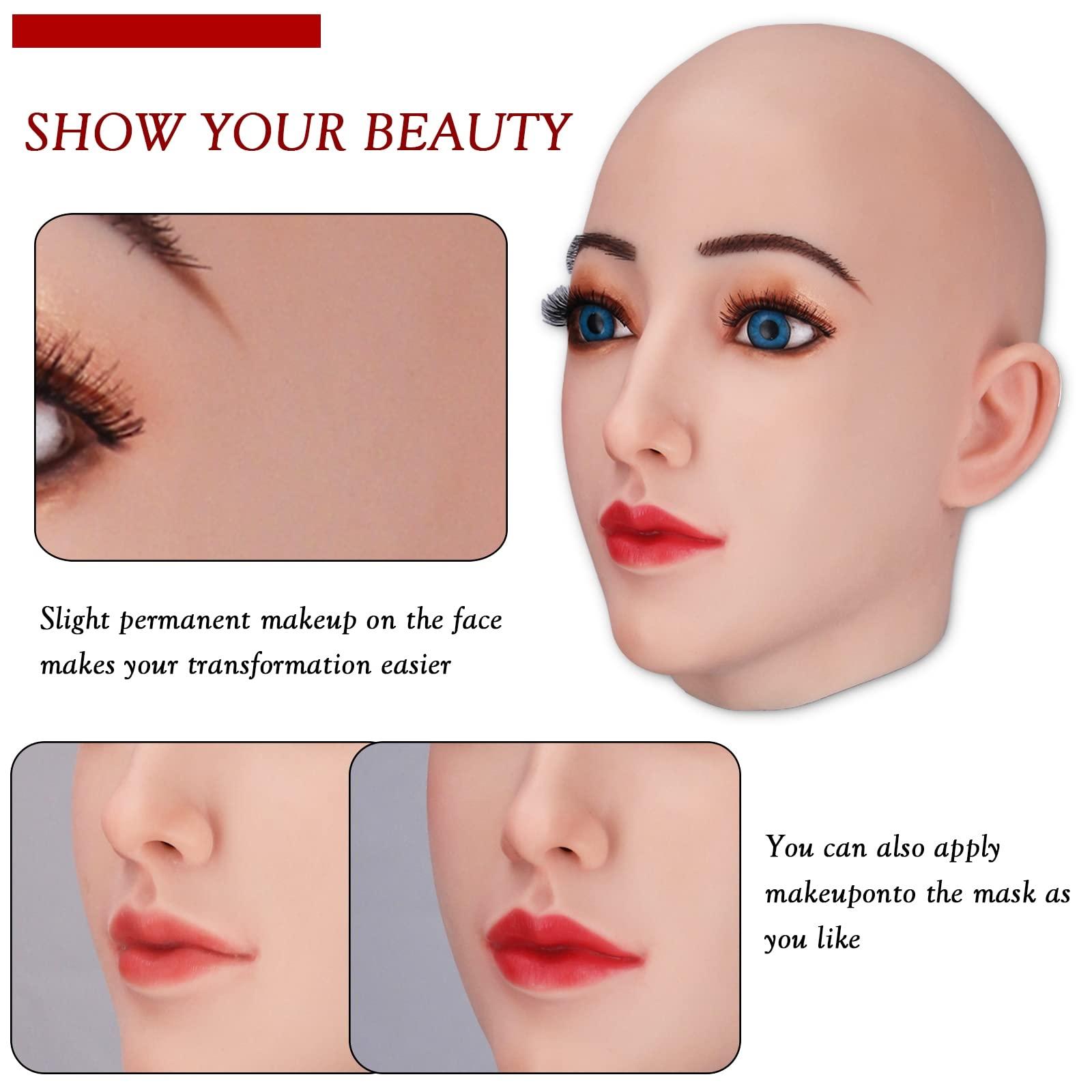 XSWL XSWL Full Silicone Female Head Mask Hand-Made Face with Makeup/Without Makeup for Halloween Costumes Drag Queen Disguise,Color 2,with Makeup